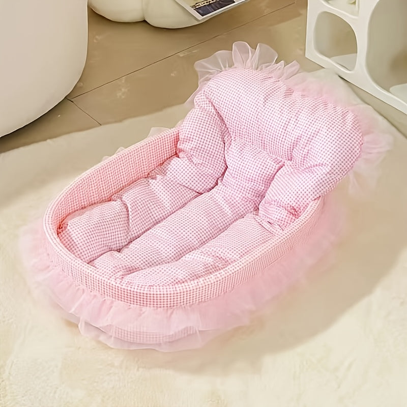 All-Season Pet Bed for Dogs & Cats - Checkered Small Bed with Soft Plush Fabric, Washable & Detachable Pet Mat, Non-Sticky to Fur, Easy to Clean, Ruffle Details - Cozy Sleeping for Indoor Cats & Small Dogs, Cat Bed, Playful D