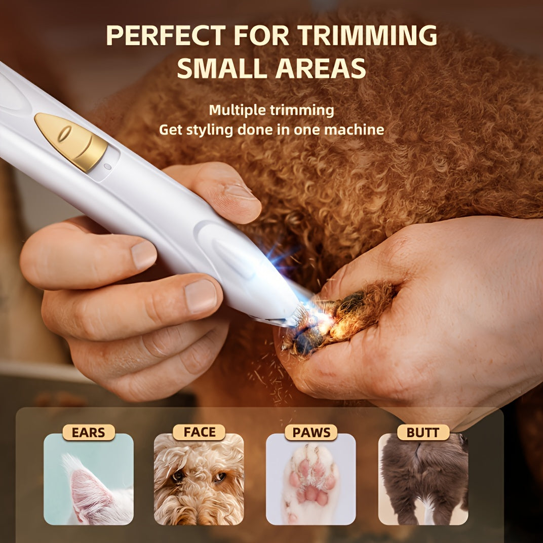 USB Rechargeable Electric Dog Paw Trimmer, Professional Dog Clippers with LED Light, Low Noise Dog Shaver for Cats Pets Eyes Face Ears Paw