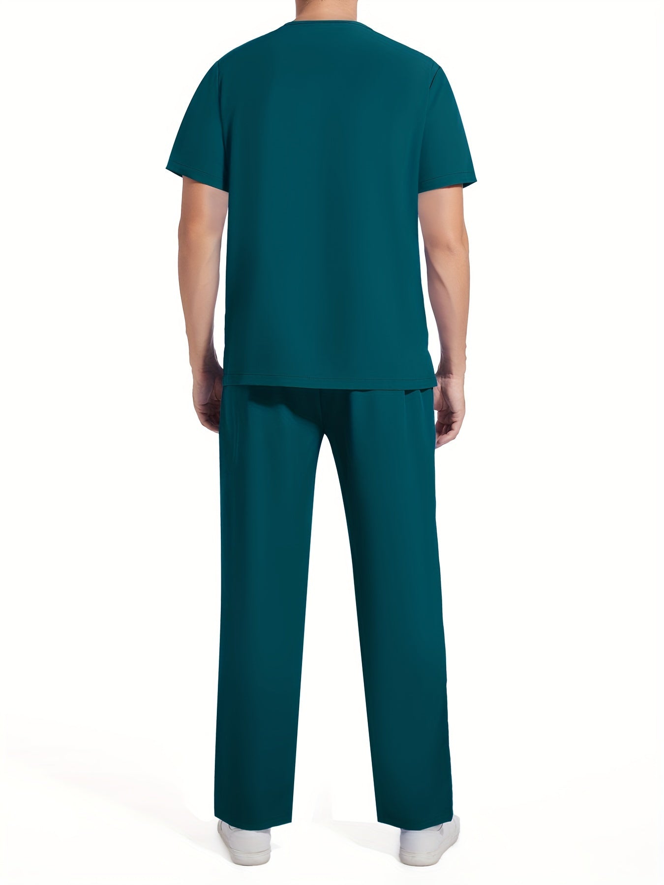 Men's Short Sleeve Summer Work Wear Set, Lab Coat, Pet Grooming Uniform, Breathable V-neck Top With Pockets And Long Pants Outfit