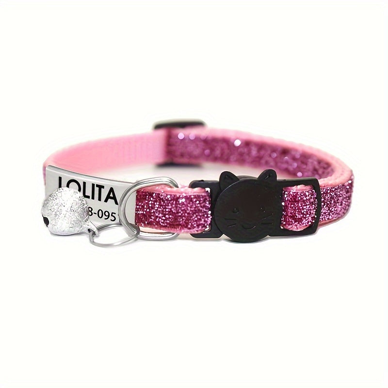 Personalized Bling Cat Collar With Nameplate, Glitter Cat Collar With ID Tag Pendant And Bell, Cute Customized Pet Collar ID Name Pendant Tags For Kittens And Puppy Dogs, Engraved Cat Decoration
