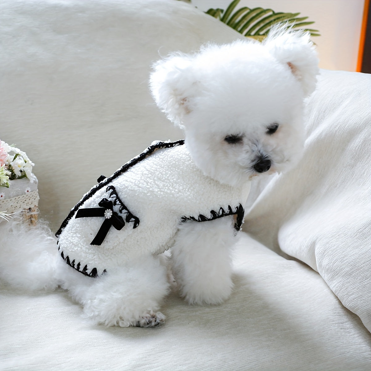 Polyester Knit Small Dog Vest Sweater Coat - Bow Detail, Press Stud Closure - Pet Apparel for Bichon Frise, Pomeranian, Schnauzer, Teddy Breeds - Winter and Fall Clothing