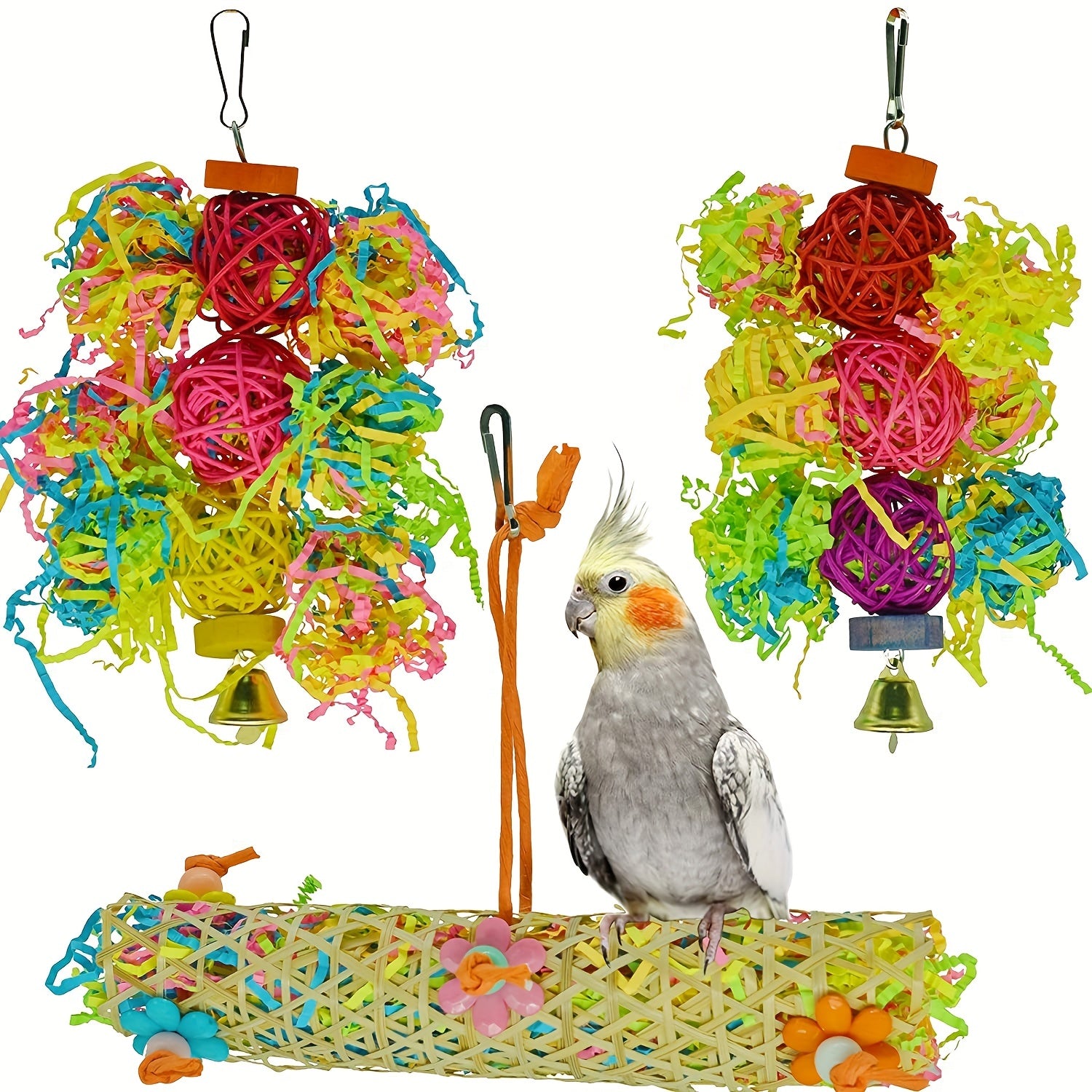 3pcs Colorful Rattan Parrot Toy Set - Shredded Paper Fun, Natural Rattan Ball, Bird Cage Pendant Accessories - Perfect for Budgerigar, Peony, Cockatiel Birds