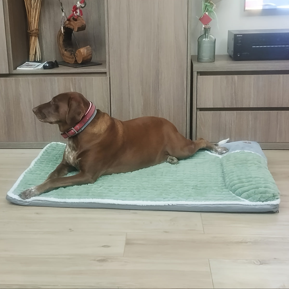 Soft Plush Pet Bed with Neck Pillow & Anti-Slip Bottom - Cozy Sofa Sleeping Pad for Dogs & Cats of All Sizes, Washable Winter Warmth Kennel Mat, Light Green Quilted Design, 42.13" x 31.50, Indoor Pet Bed | Hightop Bolster Bed