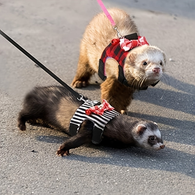 4pcs Small Pet Harness Vest and Leash Set with Cute Bowknot and Safe Bell Decor Chest Strap Harness for Outdoor Walking Rabbit Ferret Guinea Pig Bunny Hamster Puppy Kitten (Small)