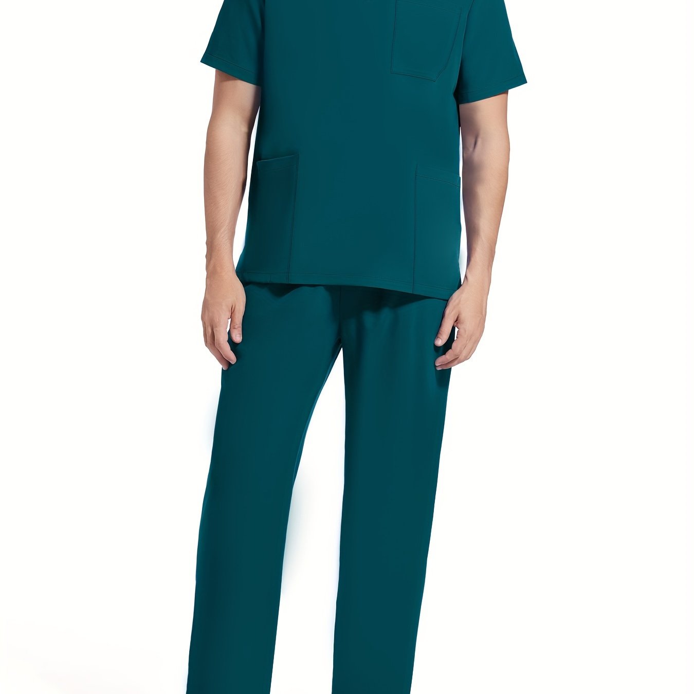 Men's Short Sleeve Summer Work Wear Set, Lab Coat, Pet Grooming Uniform, Breathable V-neck Top With Pockets And Long Pants Outfit