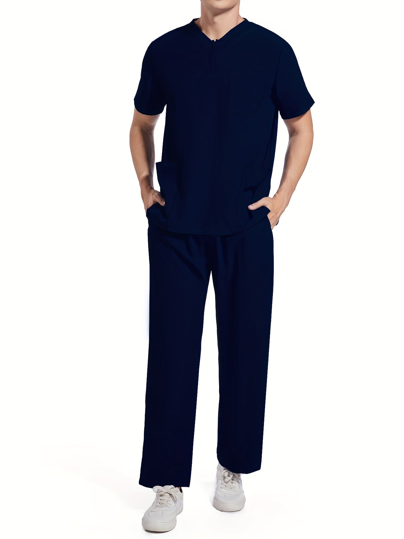Men's Short Sleeve Summer Work Wear Set, Lab Coat, Pet Grooming Uniform, Breathable V-neck Top With Pockets And Long Pants Outfit