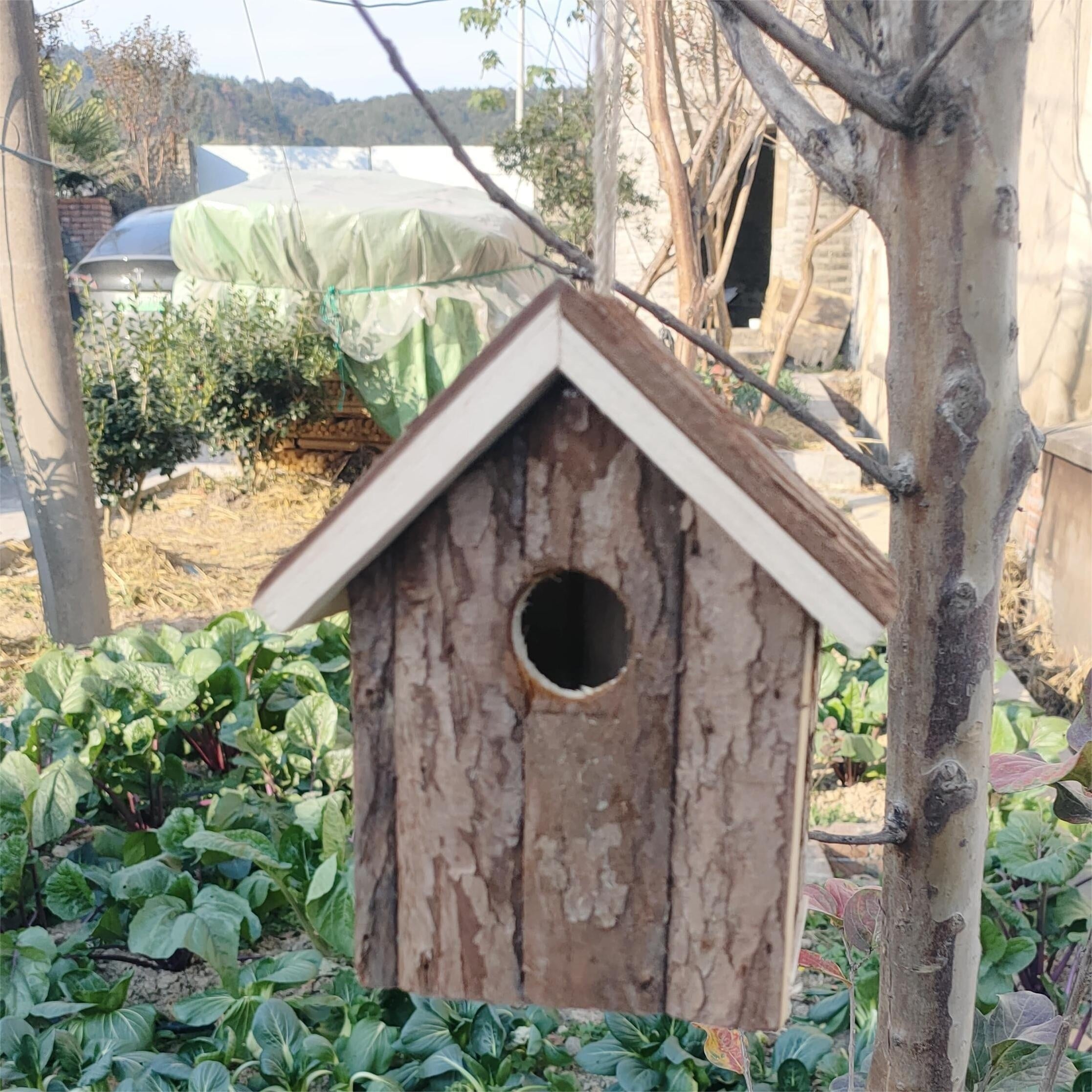 1pc Deluxe Wooden Bird House - Ventilated, Easy-Clean, Hanging Bird Nest with Rope - Outdoor Bird Cage Accessories for Garden, Patio, Backyard