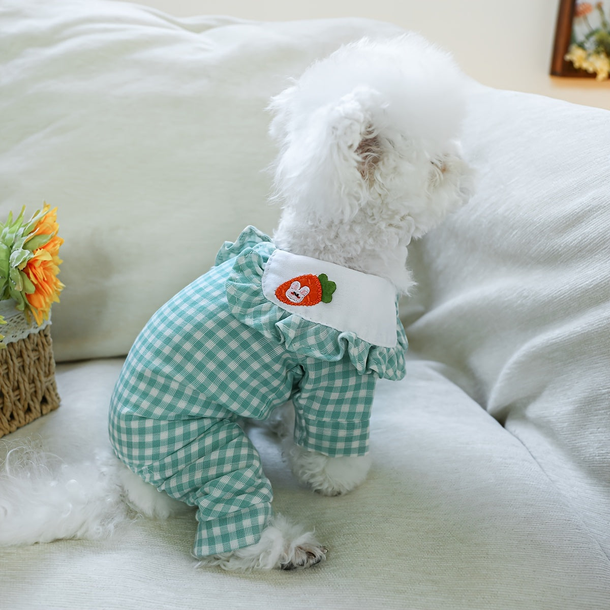 Cute Comfort, Adorable Carrot Rabbit Couple-Themed Green Plaid Jumpsuit for Small Dogs - Cozy Knit Pet Apparel for Spring & Autumn