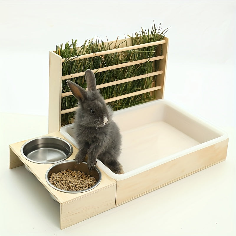 Small Pet Feeding Station with Hay Rack, Cat Litter Box & Dual Bowls - Ideal for Rabbits and Guinea Pigs