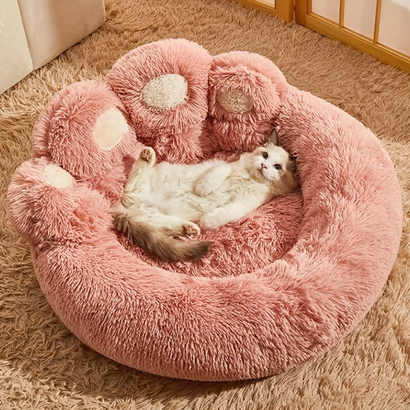 Warm Soft Long Plush Bear Paw-Shaped 1Pc Pet Bed - Calming Cat And Dog Bed For Small, Medium, And Large Dogs - Anti-Slip Bottom Cat Mat, Animal Sleep Sofa