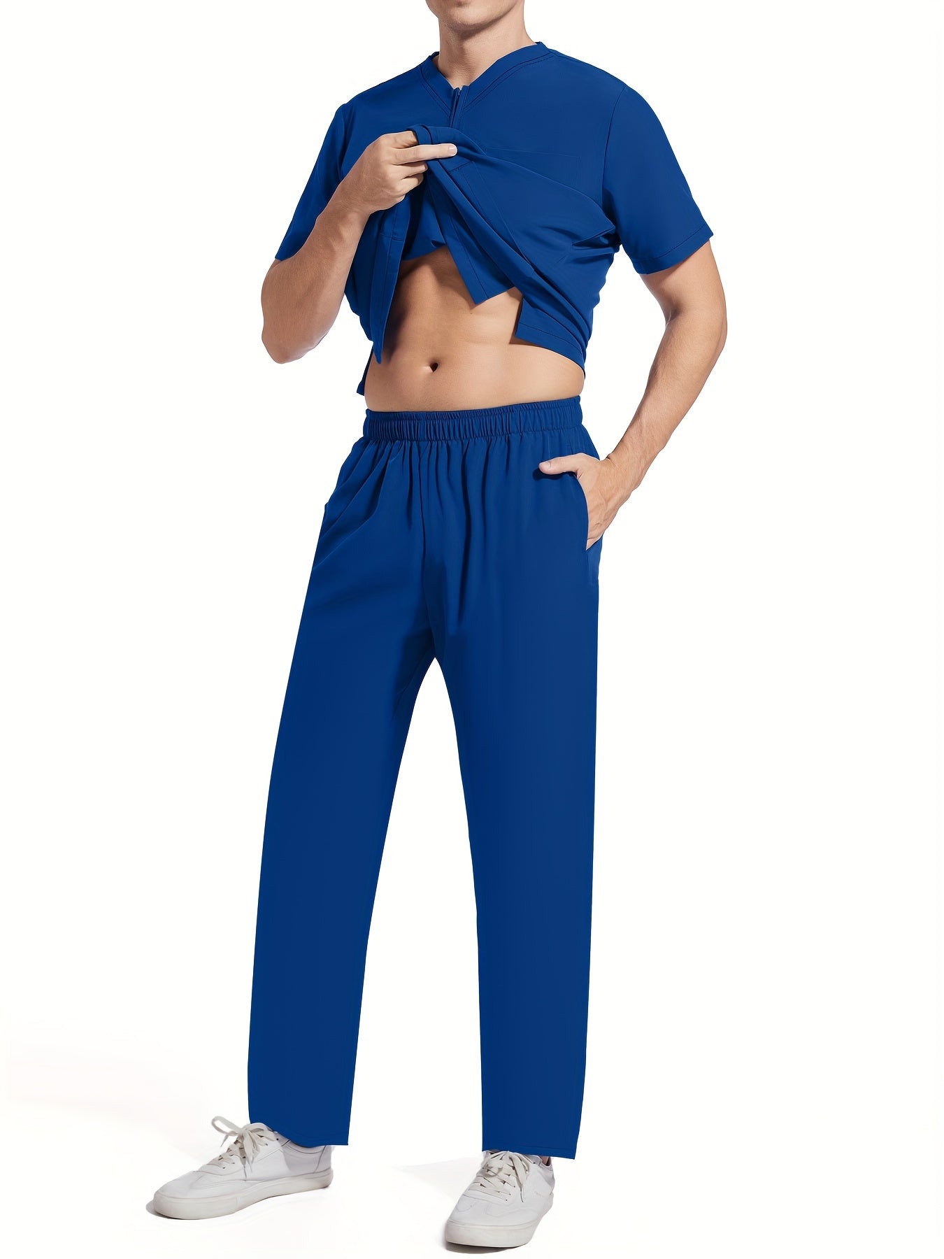 Men's Short Sleeve Summer Work Wear Set, Lab Coat, Pet Grooming Uniform, Breathable V-neck Top With Pockets And Long Pants Outfit