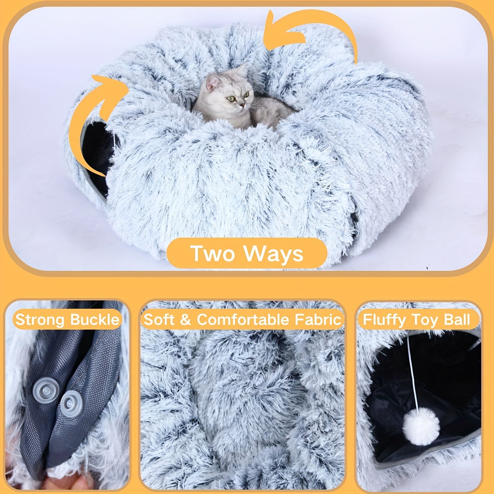Soft Plush Cat Tunnel with Cozy Donut Bed - Multi-Functional Hideout & Playhouse for Indoor Cats, Kittens, Rabbits, Ferrets - Tunnel Vision Peeping Holes, Large Tube for Hide & Seek, Durable Pet Toy for Small/Medium/Large Fel