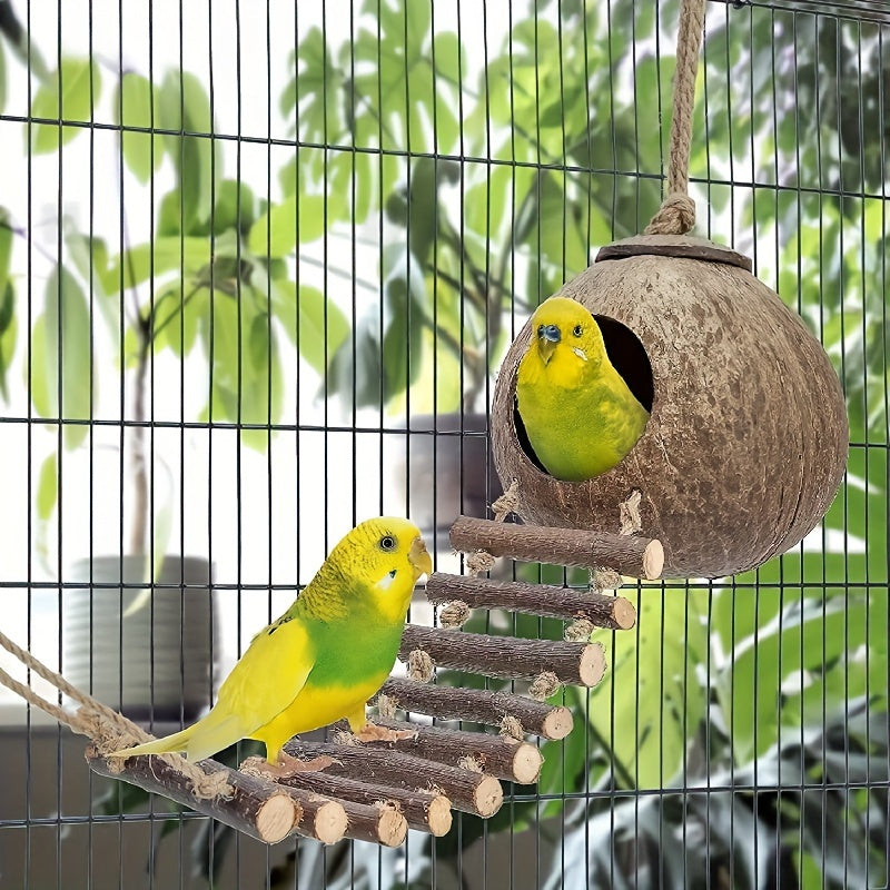 1pc Natural Coconut Bird Cage Hideaway with Ladder, Bird And Small Animal Toy (House with Ladder, Natural Surface)