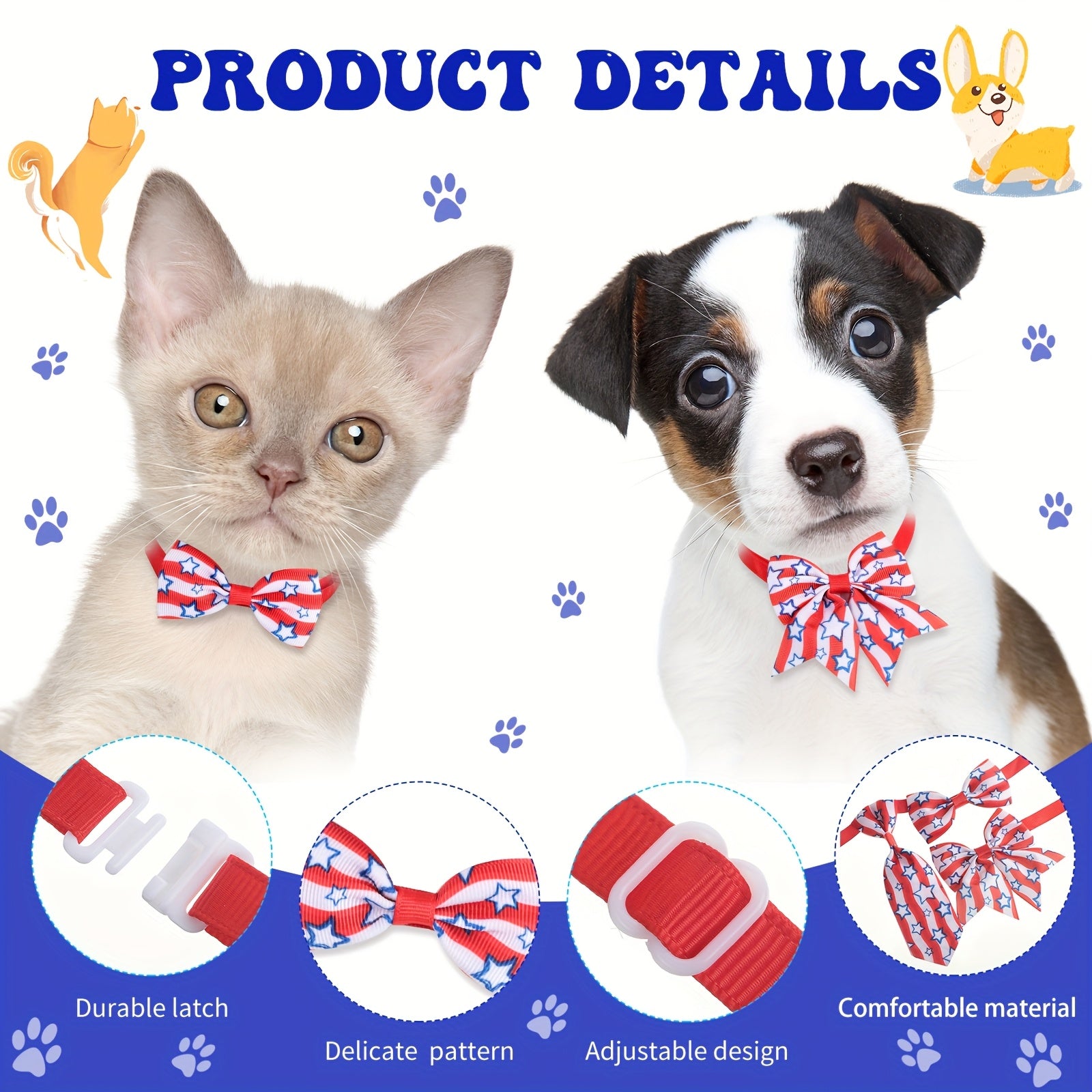100pcs Patriotic Dog Bow Tie Collar Set - Adjustable 4th of July Dog Bows with American Flag & Star Designs, Polyester, Perfect for Small to Medium Breeds, Festive Pet Accessories | Patriotic Dog Accessories | Adjustable Coll