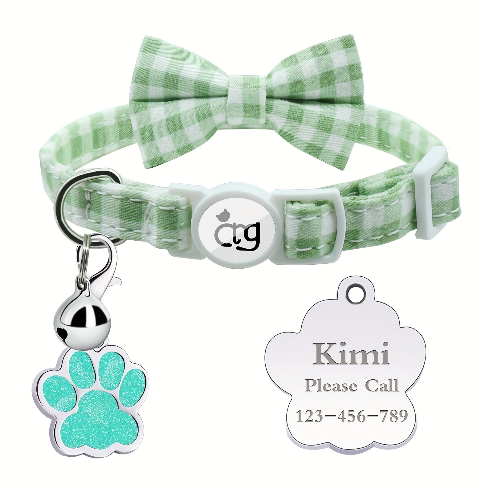 Personalized Custom Metal Paw Tag Pet Collar with Safe Buckle, Bow Tie, Nylon Material, Fresh Plaid Pattern, and Bell - Ideal for Cats and Small Dogs