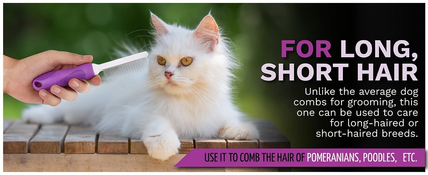 2-in-1 Pet Grooming Comb for Dogs & Cats - Stainless Steel Detangling and Dematting Tool with Long & Short Teeth, Safe Knot Removal for Healthy Coat