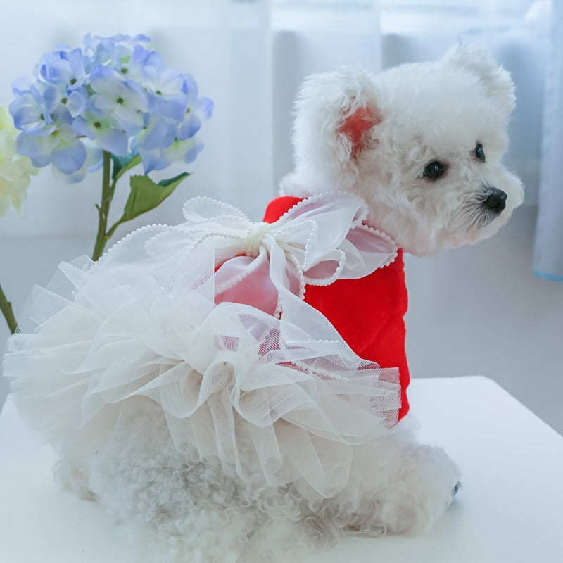 Chic Pearl-Embellished Lace Dog Dress - Princess Style Pet Apparel for Small Breeds, Includes Pomeranian & Yorkie Designs