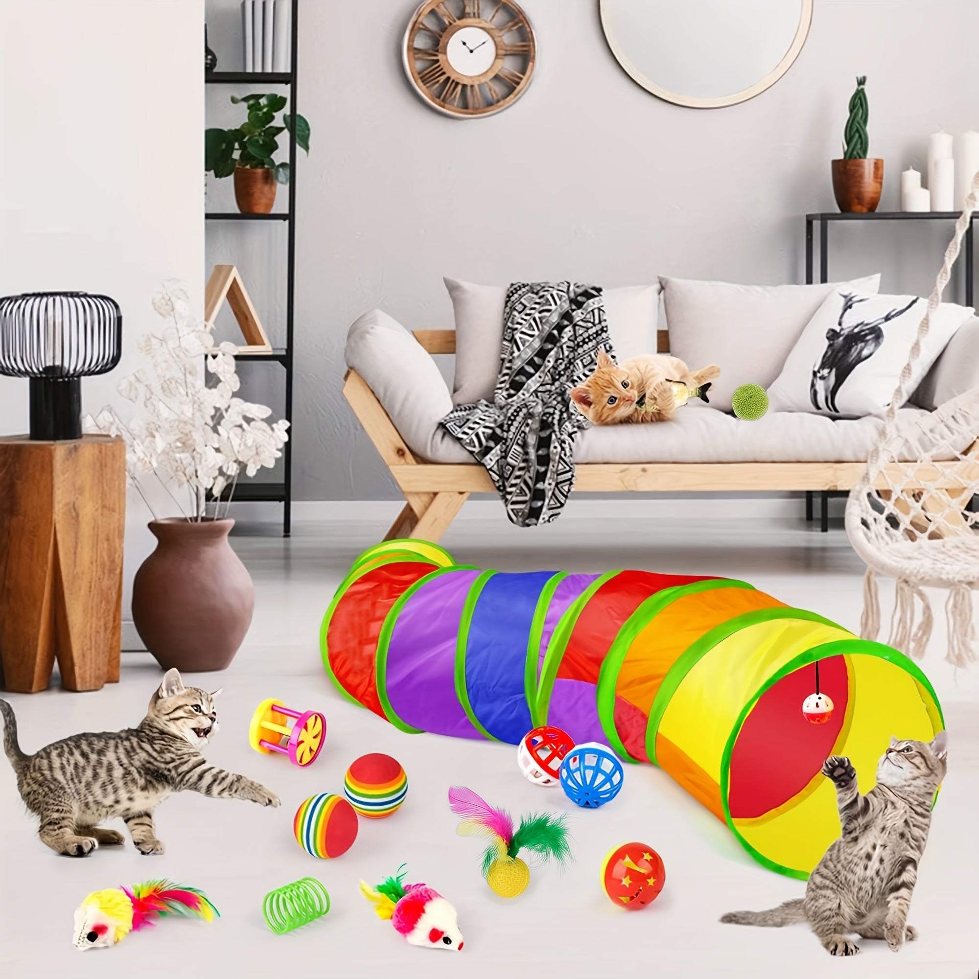 22pcs Cat Toys Kitten Toy Set Folding Camouflage Cat Tunnel Indoor Interactive Pet Toys Teaser Cat Feather Toy Colourful Mouse Plush Ball Bell Ball Toy Kit Kitten Puppy(Colorful)