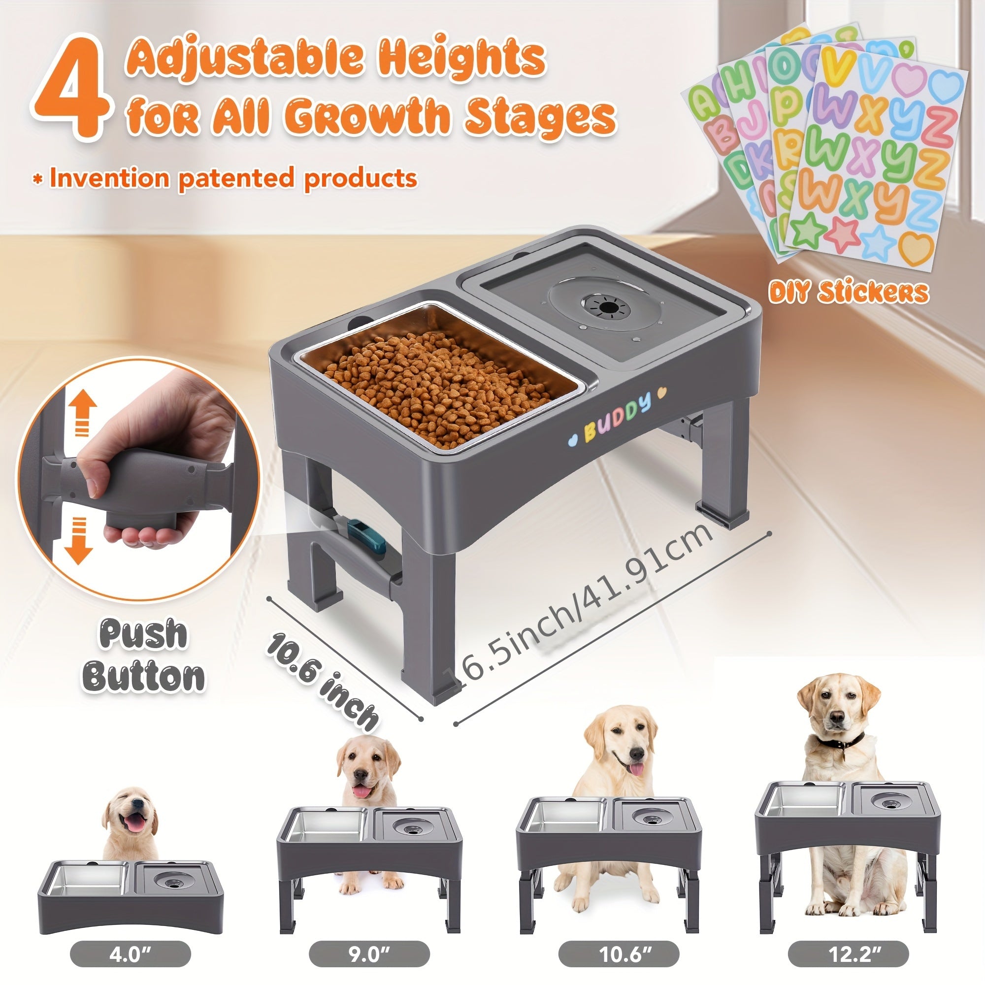 4-Height Adjustable Elevated Pet Feeding Station - Stainless Steel Food Bowls, Slow Feeder & No-Spill Water Bowl Set for Medium & Large Dogs - Neck Protection