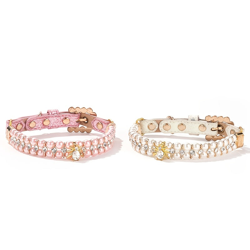 Zhous ABS Material Pearlized Pet Collar, Adjustable Snap-On Collar with Rhinestone Detailing, Beaded Design for Small Dogs and Cats