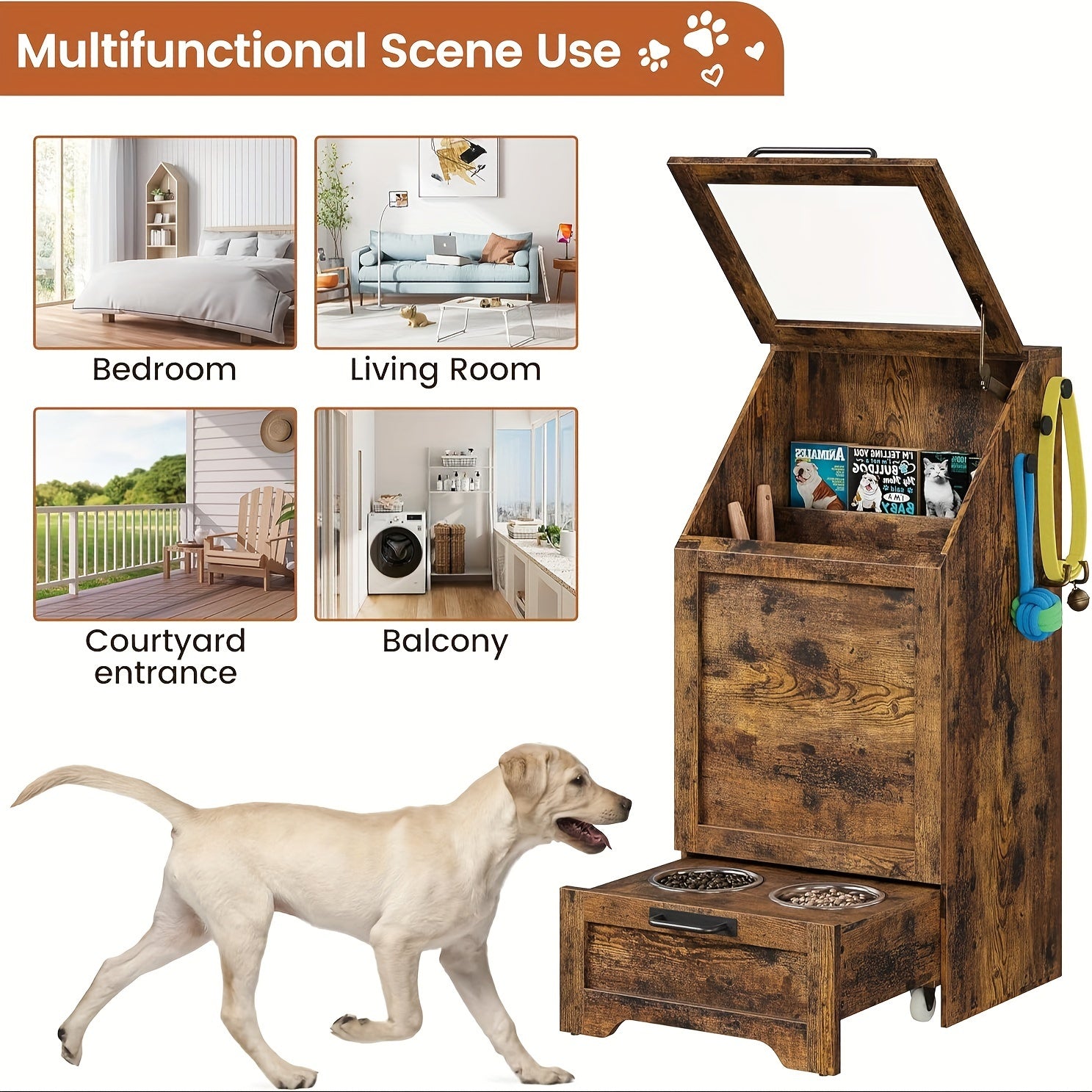 Dog Feeding Station With 2 Elevated Dog Bowls, Pet Feeding Station, Flip Top Dog Food Storage Cabinet, Dog Food Storage Container, Pet Toy Storage Organizer, Modern Dog Storage Organizer, Brown, Grey