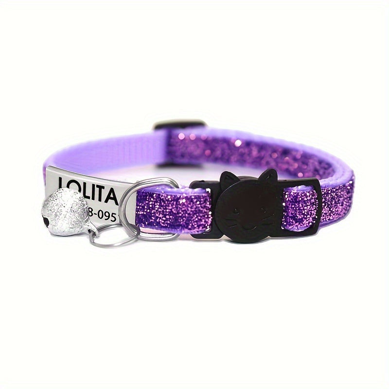 Personalized Bling Cat Collar With Nameplate, Glitter Cat Collar With ID Tag Pendant And Bell, Cute Customized Pet Collar ID Name Pendant Tags For Kittens And Puppy Dogs, Engraved Cat Decoration