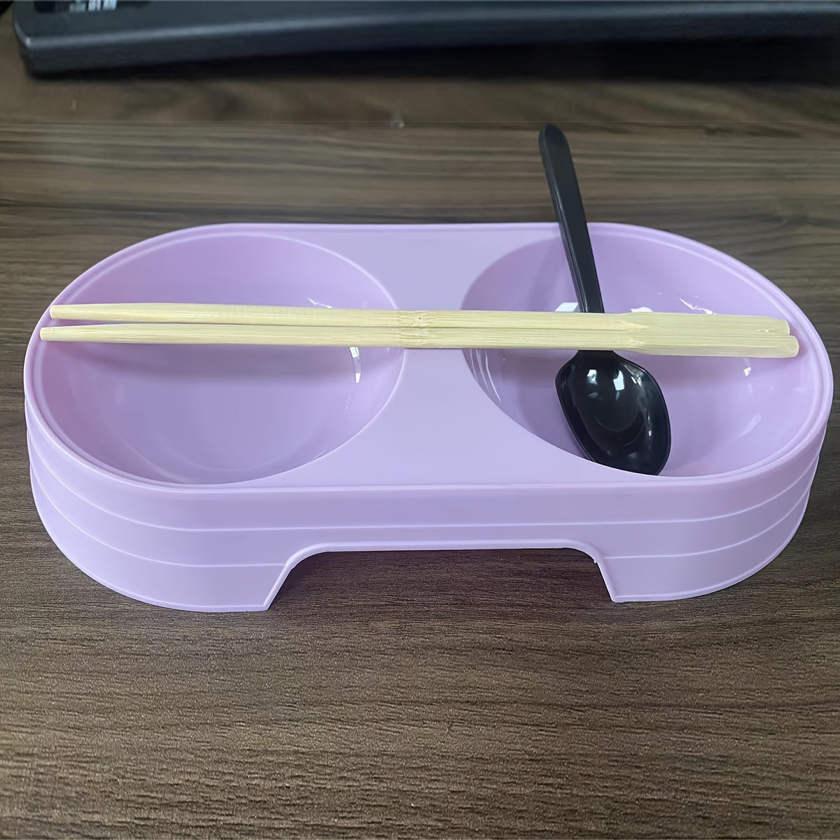 Dual Cat Feeder Bowls - Integrated Food & Water Station for Cats, Durable PP Material, 2-in-1 Design with Multiple Compartments, Available in Purple, Yellow, Pink, and Greenish-Blue, Perfect for Indoor Cat Feeding, Pet Water