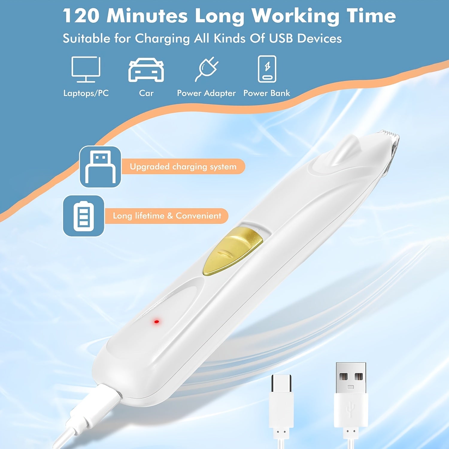 Rechargeable Pet Grooming Clipper with LED Light - USB Charged, Lithium Battery Powered for Dogs & Cats