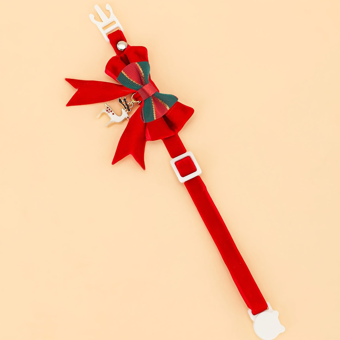 1pc Christmas Bowtie Pet Collar with Reindeer Pendant, Small Breed Polyester Fiber Neck Accessory, Red Velvet Bow, for Cats and Dogs, Holiday Fashion Decor