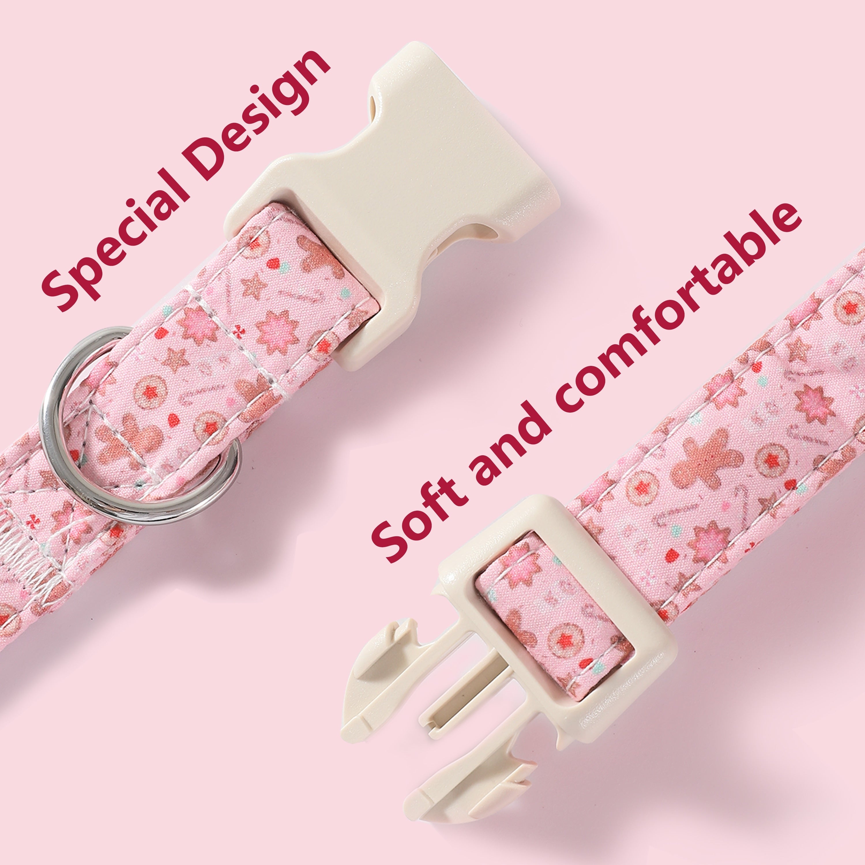 1pc Festive Adjustable Cotton Dog Collar with Cartoon Gingerbread Man Design, Durable Indoor/Outdoor Pet Collar with Beige Plastic Buckle - Christmas Theme