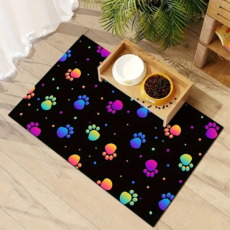 1pc Vibrant Dog Paw & Bone Pattern Pet Feeding Mat - Non-Slip, Durable Polyester, Colorful Design for Dogs & Cats, Ideal for Halloween & Christmas Decor, Dog Feeding Mat