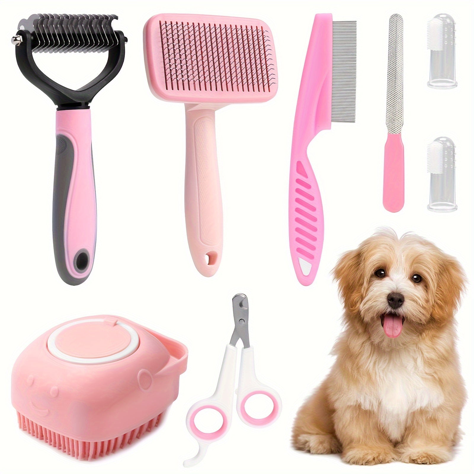 8pcs Pet Grooming Set, Dog Brush Set with Nail Clipper, Flea Comb, Shampoo Brush, Hair Removal Brush, and Silicone Toothbrush