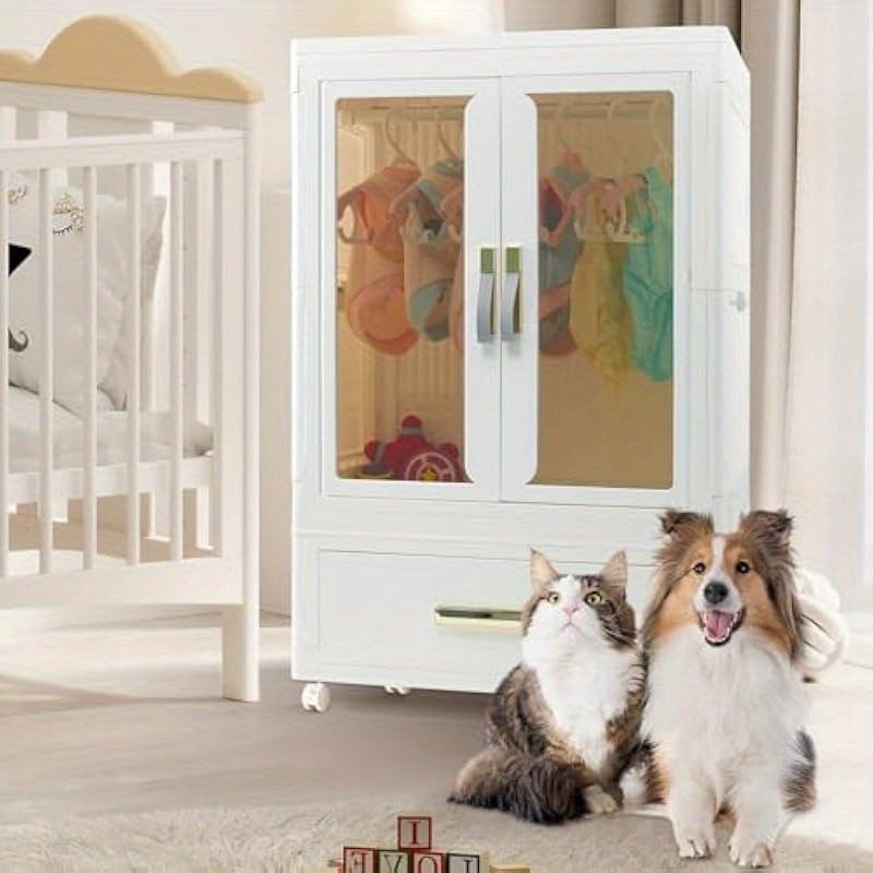 White Stackable Storage Cabinet with Doors & Wheels – Perfect for Pet Clothes, Toys, and Accessories Organizer – Durable Plastic Design with Hanging Rods for Dog Toys and Pet Apparel, Closet Organizer | Modern Pet Furnitu