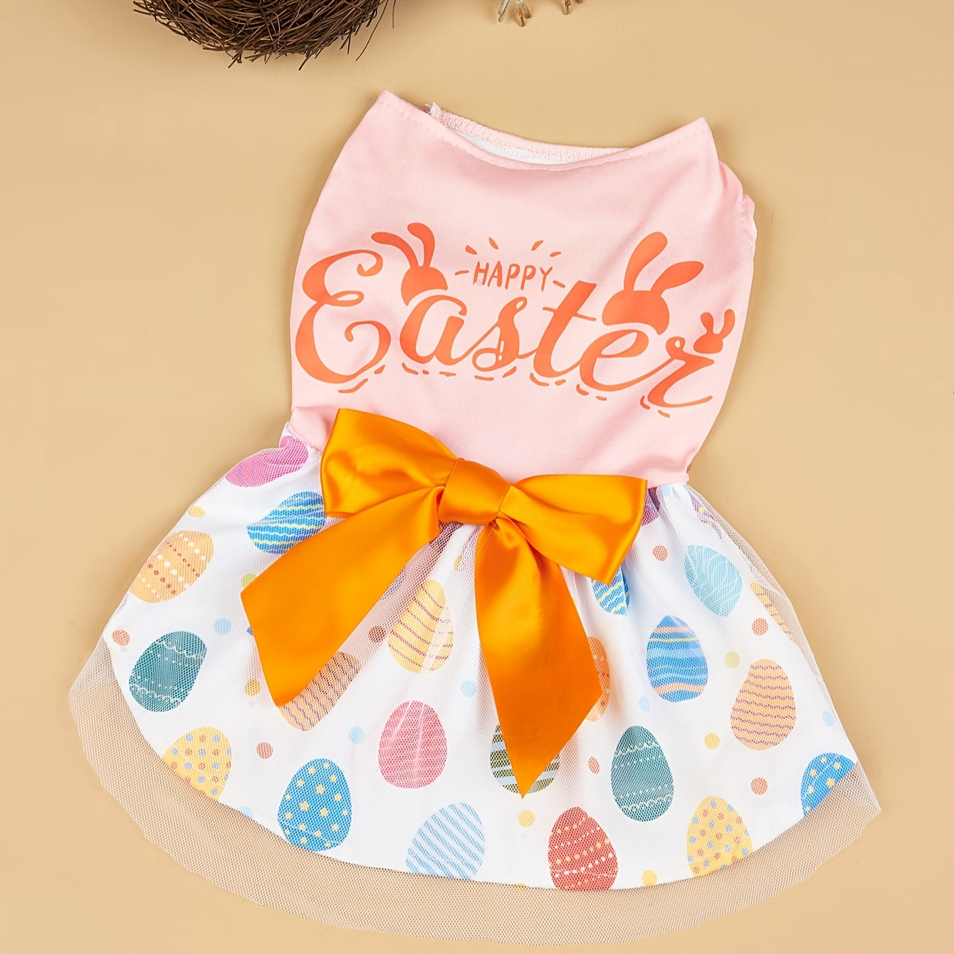 Easter Egg Dog Dress with Bowknot - Tulle Pet Apparel for Small to Medium Dogs, Knitted Polyester Puppy Costume for Spring/Summer