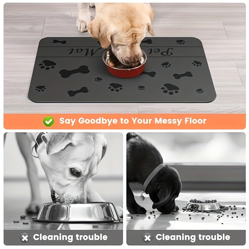 2pcs Quick-Dry & Absorbent Pet Feeding Mats with Non-Slip Rubber Backing - Diatomite Material, Gray with Paw Prints & Bone Design, Ideal for Dog & Cat Food and Water Bowls, Dog Food Mat