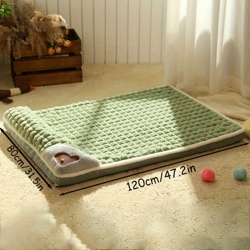 Soft Plush Pet Bed with Neck Pillow & Anti-Slip Bottom - Cozy Sofa Sleeping Pad for Dogs & Cats of All Sizes, Washable Winter Warmth Kennel Mat, Light Green Quilted Design, 42.13" x 31.50, Indoor Pet Bed | Hightop Bolster Bed