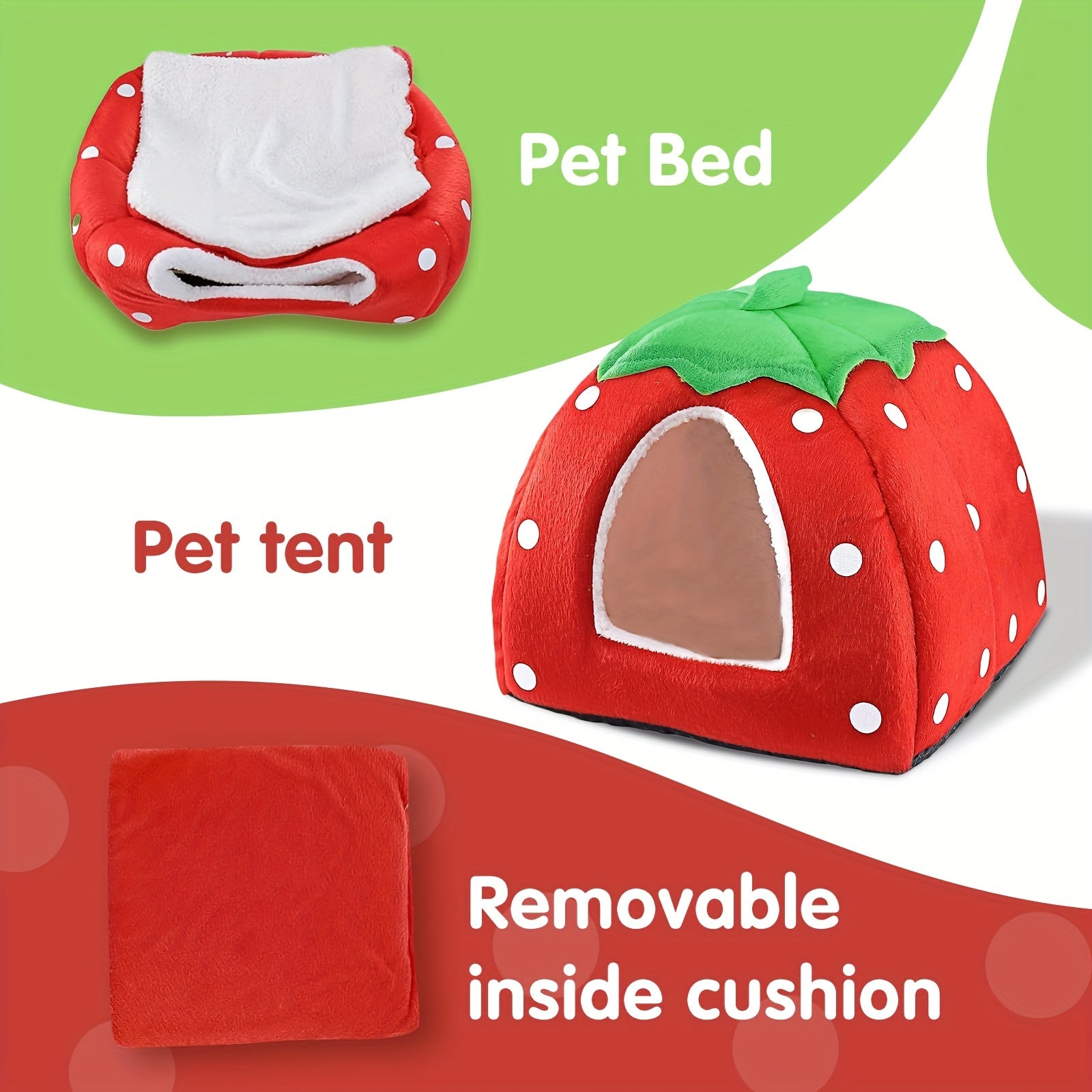 Strawberry-Shaped Small Pet Bed with Removable Cushion - Cotton Cozy Hideaway for Rabbits, Guinea Pigs, Hamsters, and Hedgehogs, Warm Fleece Cuddle Cup Pet Tent