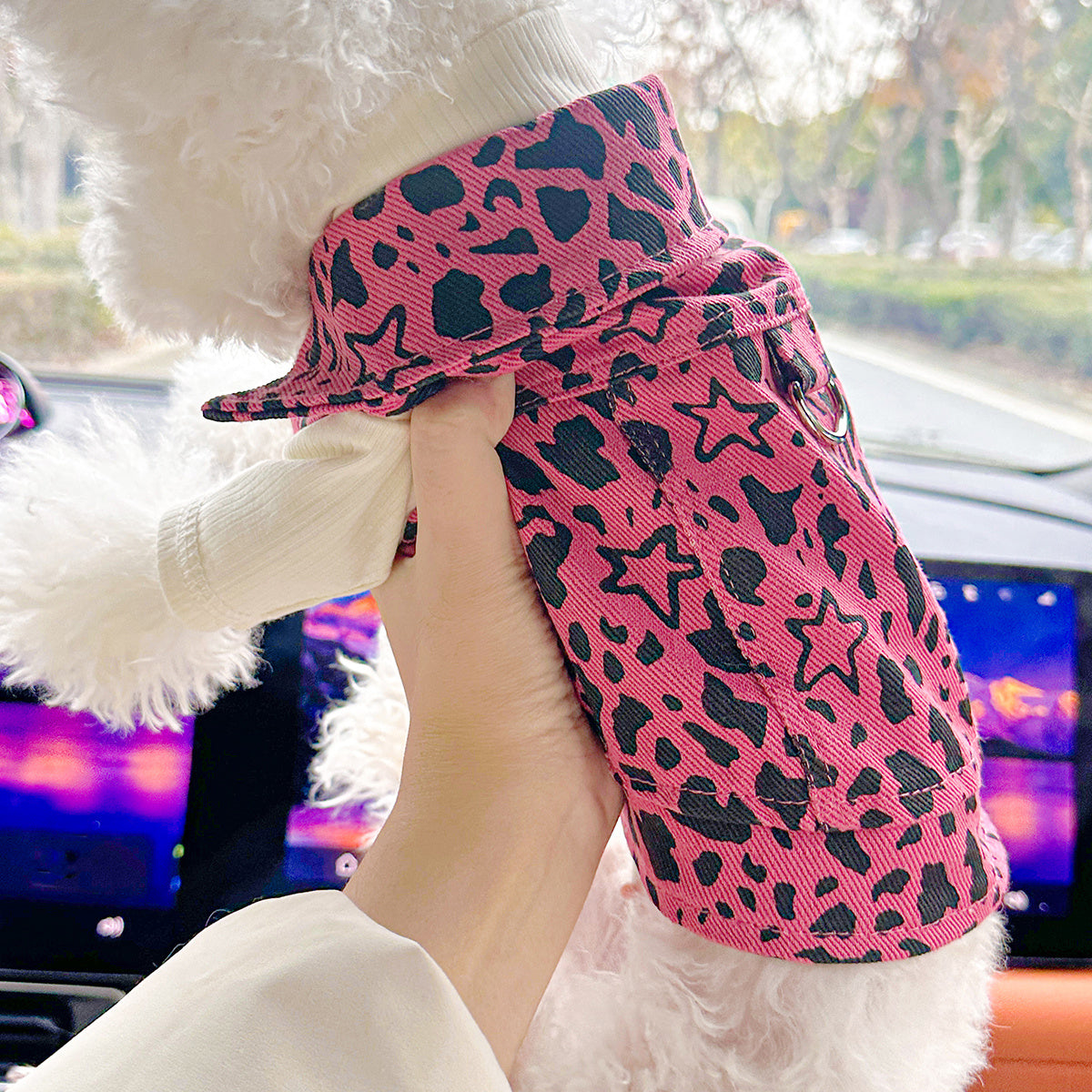 Small Breed Dog & Cat Fashionable Pink Leopard Print Denim Jacket, Comfortable Knit Fabric, Polyester, with Snap Button Closure for Pet Apparel