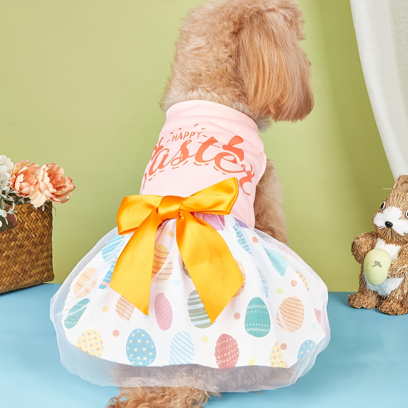 Easter Egg Dog Dress with Bowknot - Tulle Pet Apparel for Small to Medium Dogs, Knitted Polyester Puppy Costume for Spring/Summer