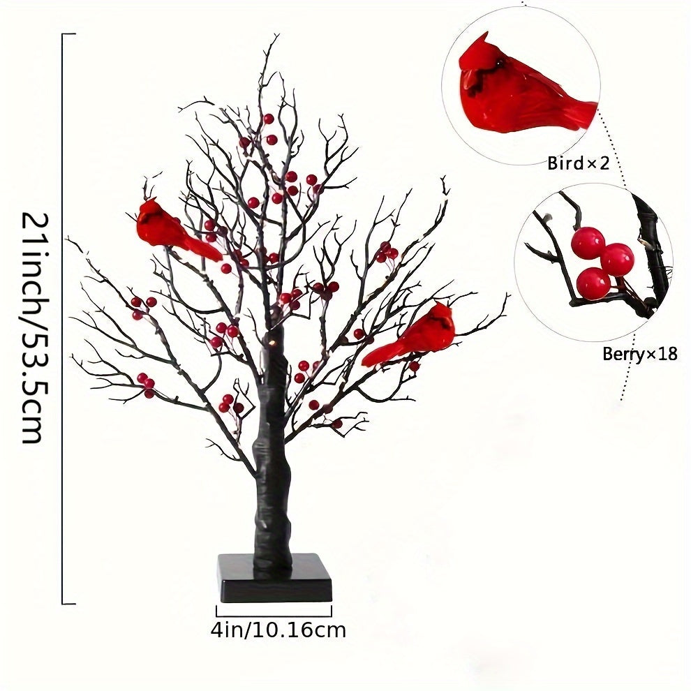 1 Elegant 21" LED-Lit Bonsai Tree with Red Birds & Black Artificial Birch - 60 Warm Yellow Lights, Perfect for Halloween, Thanksgiving, Christmas, Valentine's Decor - AA Battery Operated (Batteries Not Included)