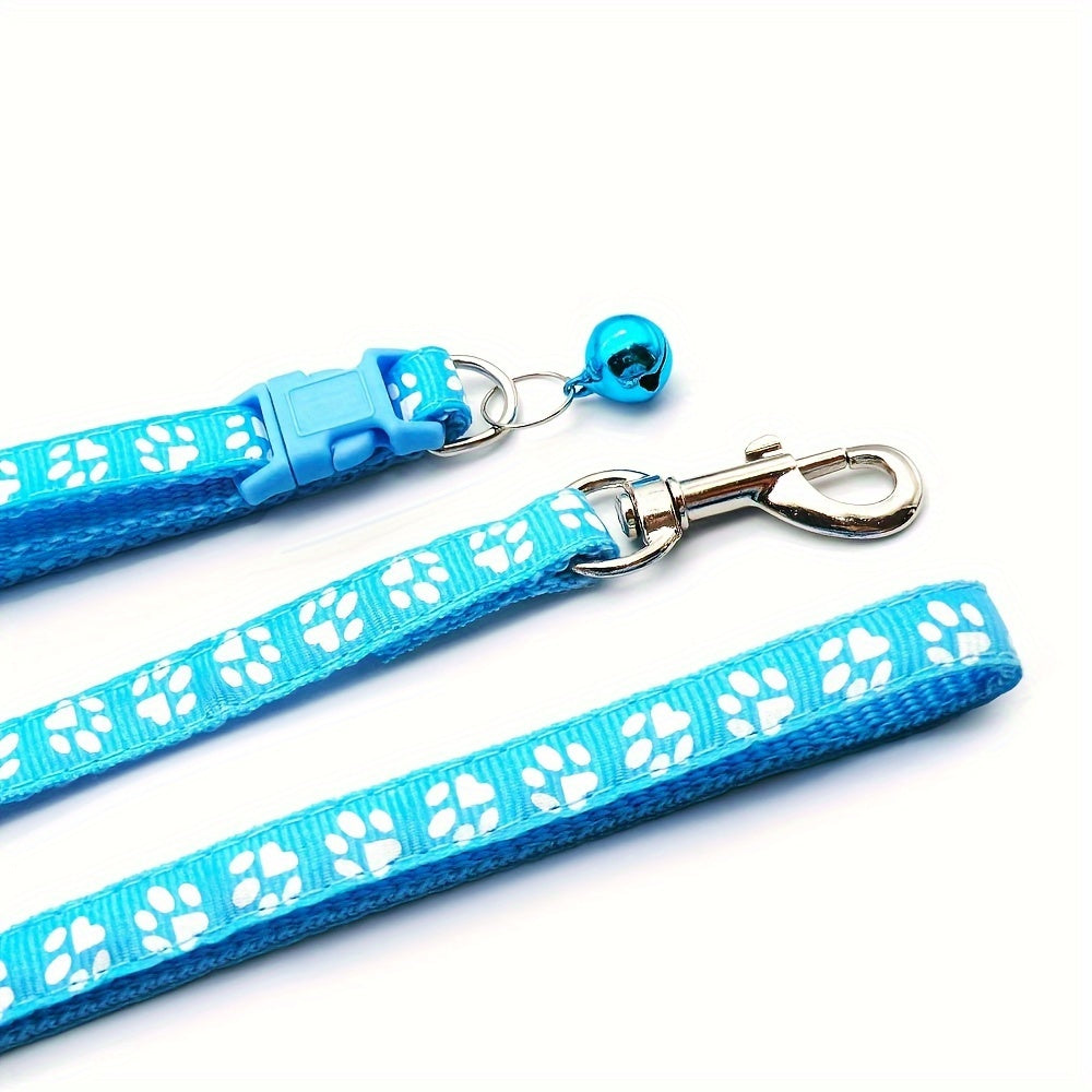 Cute Paw Pattern Nylon Dog Collar - Pet Dog Collar And Leash Set With Bell Long Dog Walking Leash