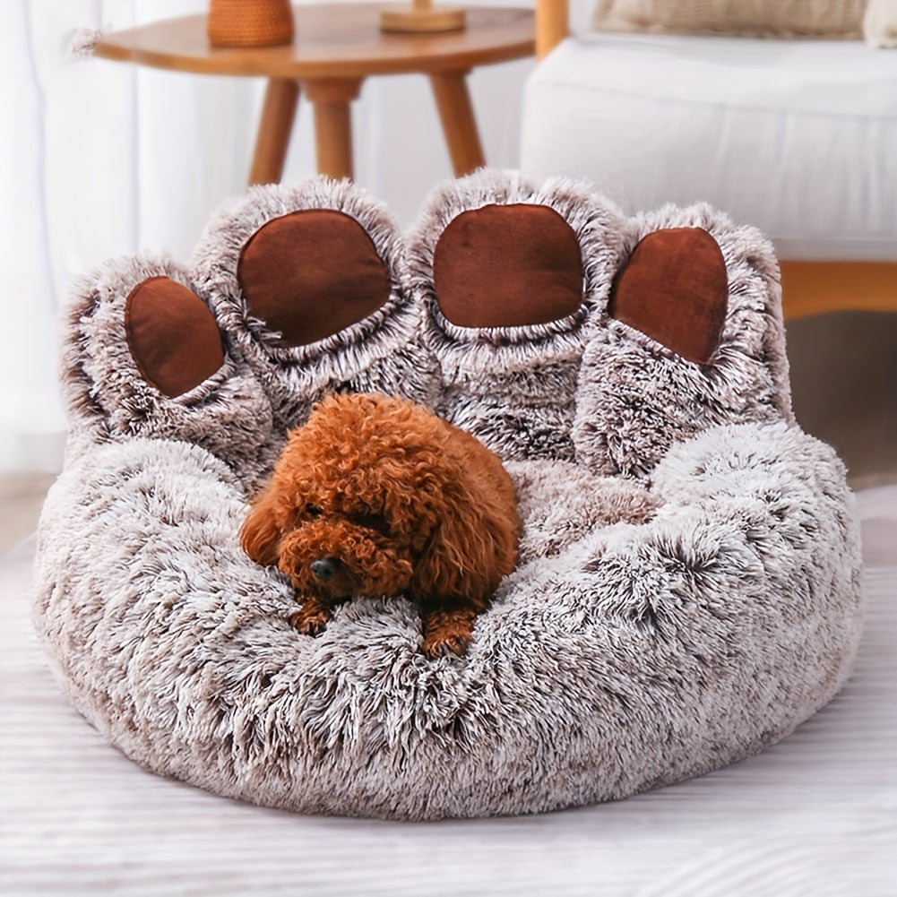 1pc Soft Plush Polyester Bear Paw Shaped Pet Bed, Calming Donut Dog Cat Cuddler Lounger, Warm Comfortable Round Pet Mat, Assembly Not Required for Cats and Small Dogs