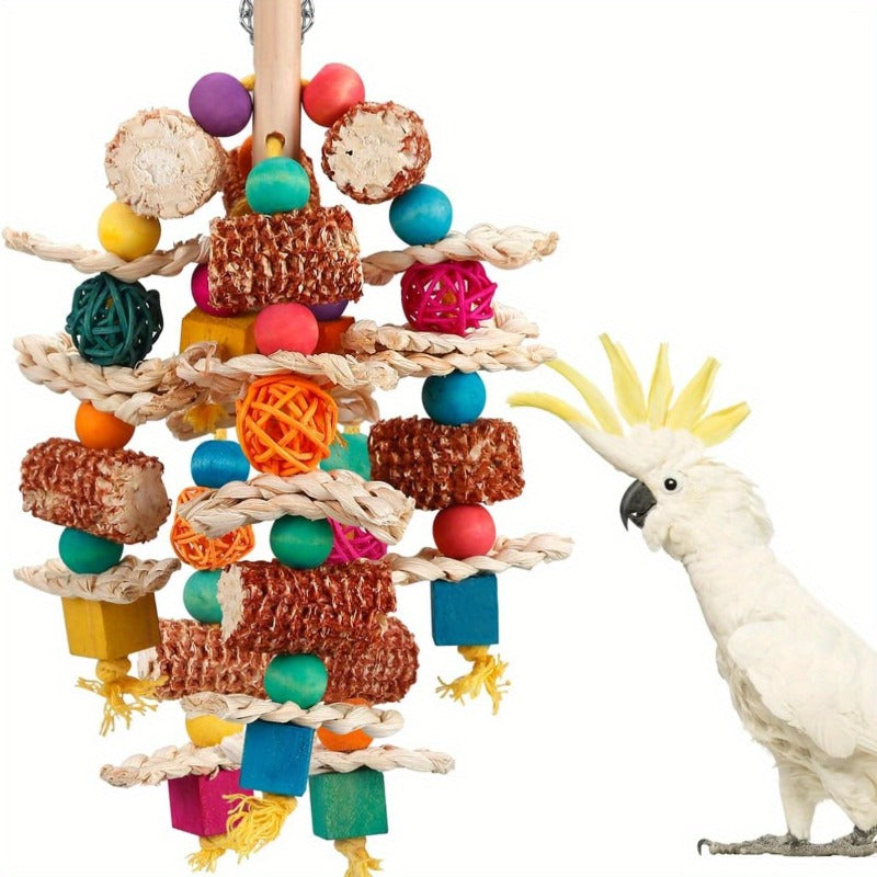 1pc Natural Corn Cob Parrot Chew Toy - Durable and Safe for Small to Medium Birds, with Wooden Blocks, Synthetic Fiber, Snack Style for All Bird Types
