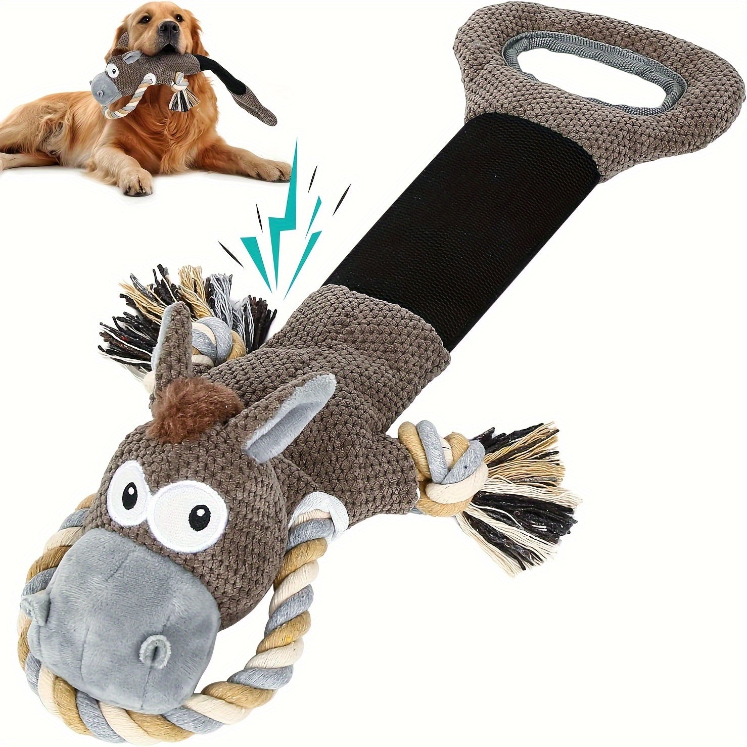 Plush Donkey Dog Toy with Double Handle and Stretchable Rope - Interactive Tug and Squeaky Pet Toy for Teeth Cleaning, Durable for Small, Medium, and Large Breeds, Without Battery
