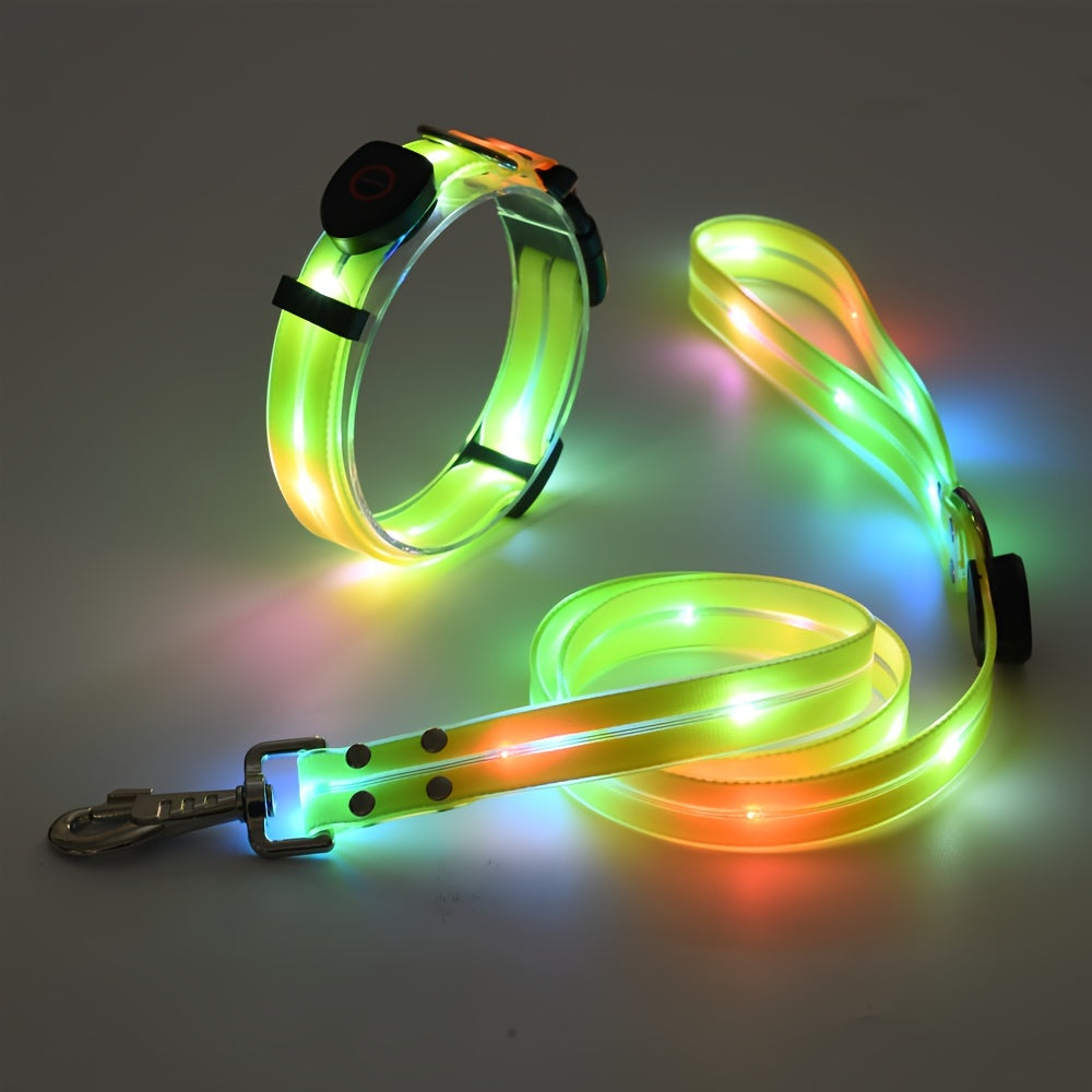 LED Dog Light Up Collar Leash Set, Adjustable Pet Collar, Usb Rechargeable Night Colorful Light Visibility 100+m/328+ft Pet Leash