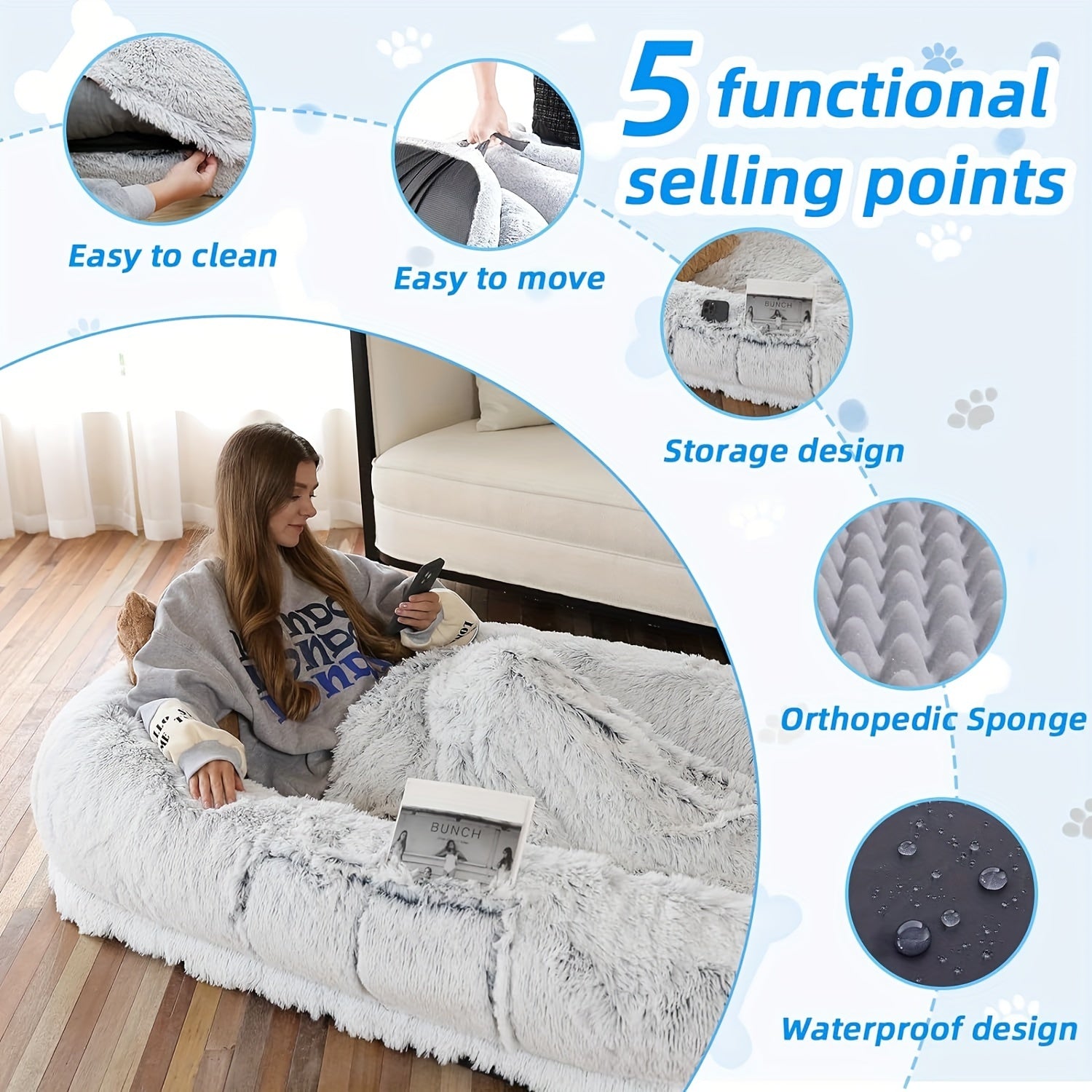 Extra Large Orthopedic Human & Dog Bed with Plush Pillow & Blanket - 71"x45"x12" Washable Faux Fur Pet Couch, Non-Slip Base, Removable Cover - Grey Bed for All Dog Breeds (Small/Medium/Large Dogs) & Cozy Napping Companion for