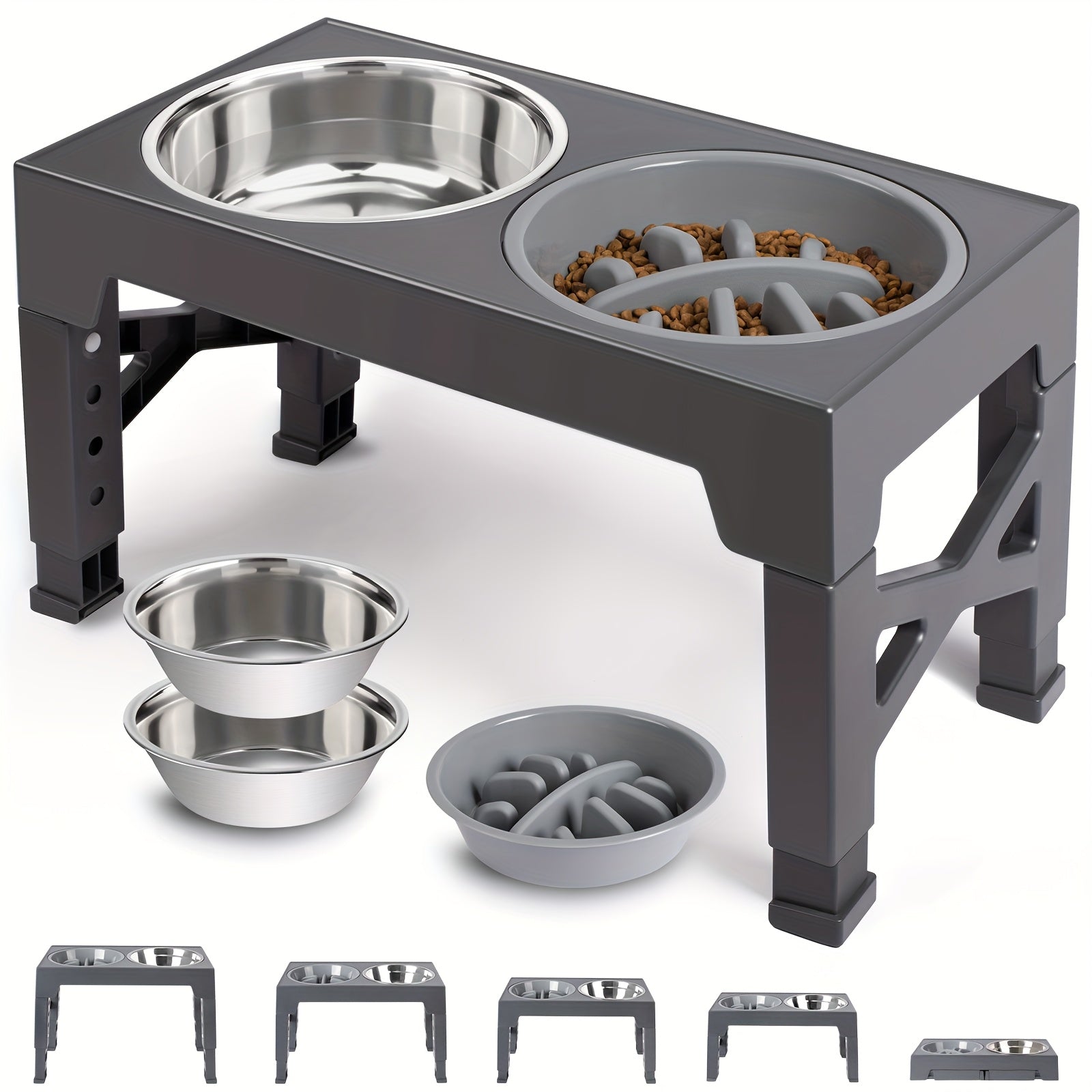 Adjustable Height Elevated Dog Bowl Stand, 5-Level Adjustment from 3.2" to 12.2", Includes 2 Stainless Steel Food Bowls & Slow Feeder, Sturdy Black Metal for Small to Large Dogs, Pet Feeding Station | Sleek Dog Stand | Durabl