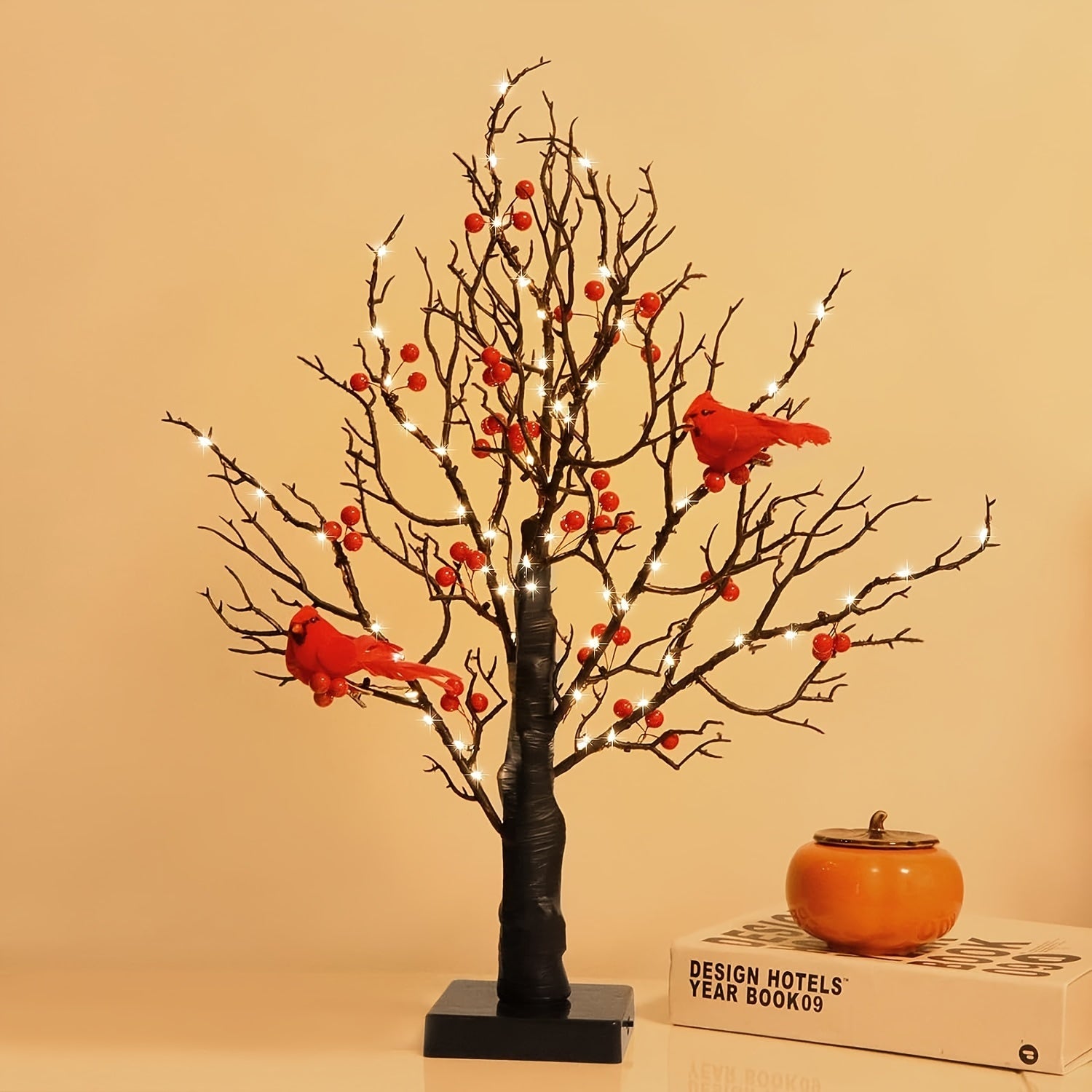 1 Elegant 21" LED-Lit Bonsai Tree with Red Birds & Black Artificial Birch - 60 Warm Yellow Lights, Perfect for Halloween, Thanksgiving, Christmas, Valentine's Decor - AA Battery Operated (Batteries Not Included)