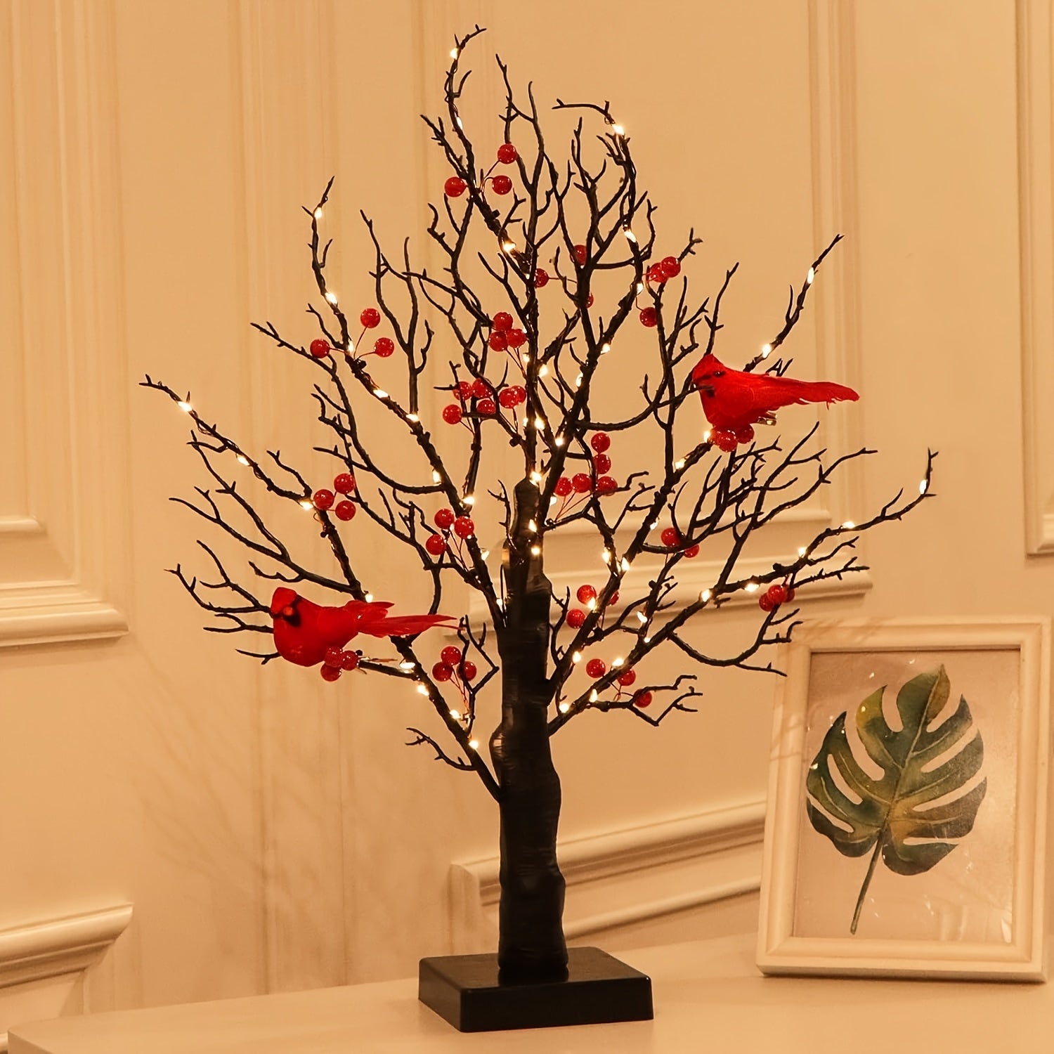 1 Elegant 21" LED-Lit Bonsai Tree with Red Birds & Black Artificial Birch - 60 Warm Yellow Lights, Perfect for Halloween, Thanksgiving, Christmas, Valentine's Decor - AA Battery Operated (Batteries Not Included)