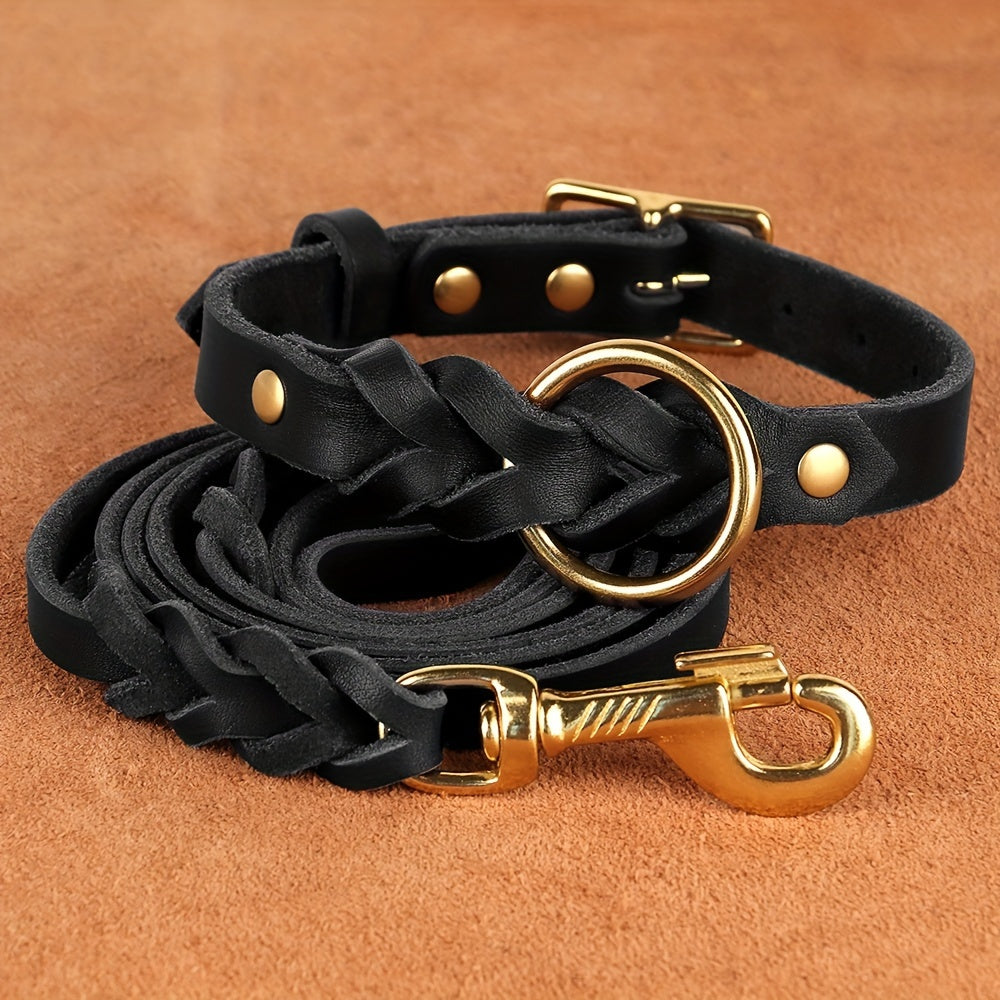 For Medium and Large Dogs, Durable Genuine Leather Pet Collar with Heavy Duty Metal Buckle, Stylish and Comfortable Dog Necklace with Leash Dog Traction Rope